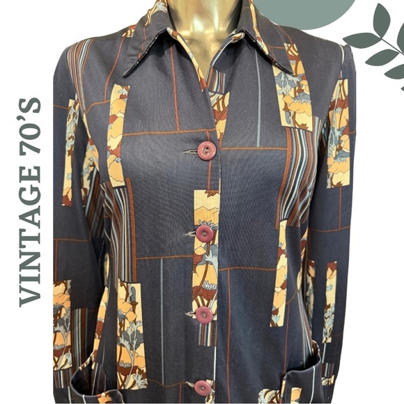 Vintage 70s Leo-Danal for Normie Hum Navy Blue Abstract Floral Shirt Dress Midi - Picture 7 of 10